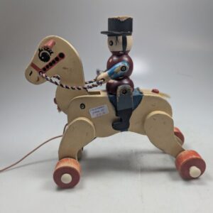 Houten Speelgoed Trekpaard met ruiter Jaren 50